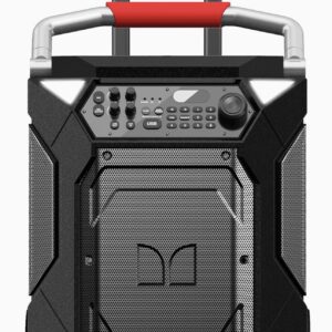 A black and silver speaker with red handle