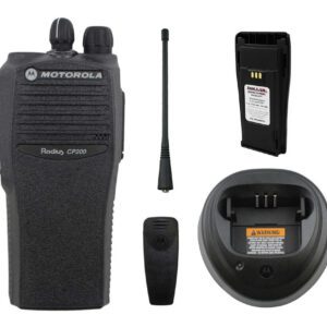 A motorola walkie talkie is shown with its accessories.