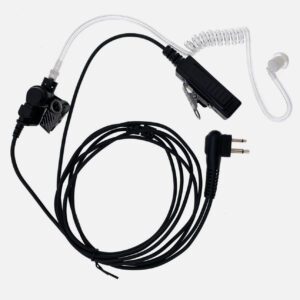 A black and white picture of an ear piece with a cord.