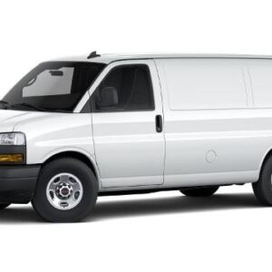 A white van is parked in front of the camera.